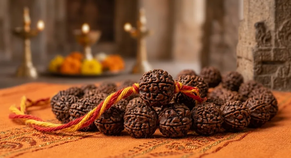 Rudraksha beads with a sacred thread on saffron cloth