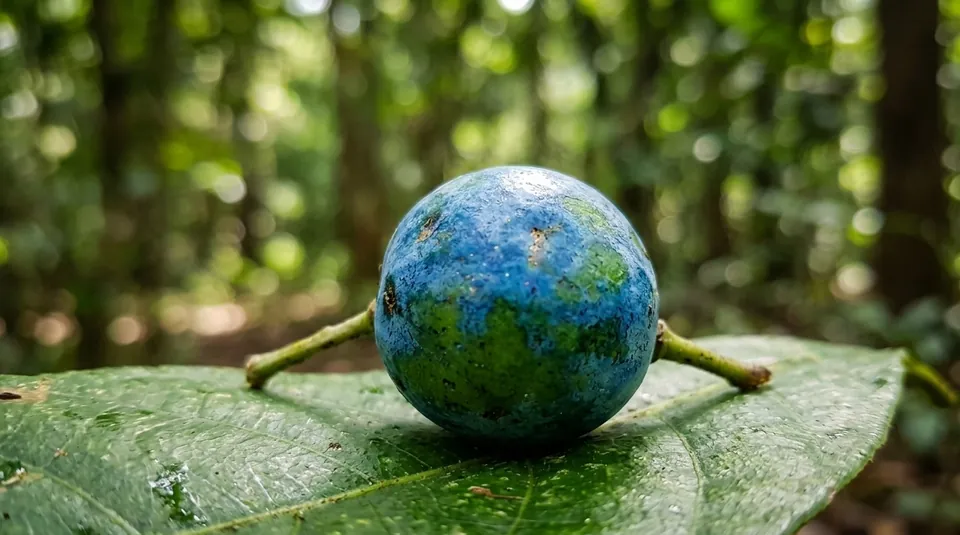 A blue Rudraksha fruit on a leaf