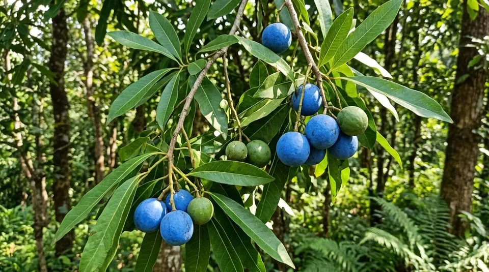 Blue Rudraksha fruits on a branch